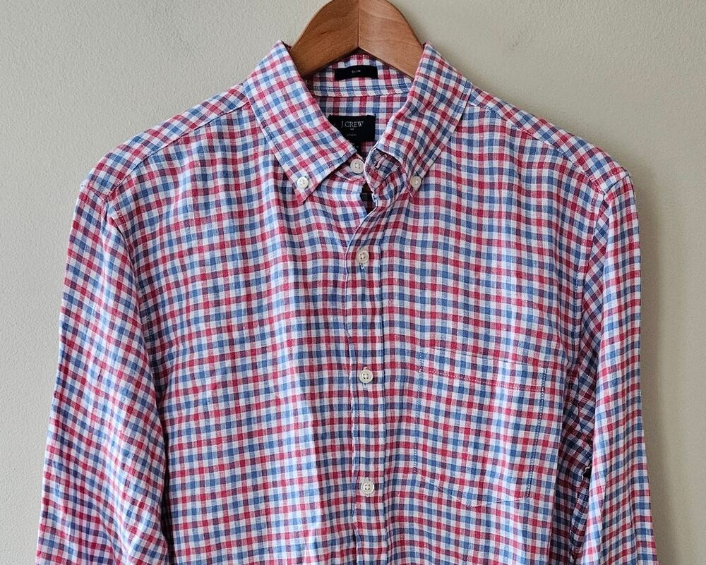 J. Crew Men's Slim Fit 100% Linen Button Down Shirt Medium Check Preppy